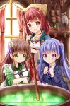  3girls :d :o ama_usa_an_uniform apron atelier_(series) atelier_sophie bangs blunt_bangs blush breasts brown_hair cauldron closed_mouth commentary_request crossover cup curtains eyebrows_visible_through_hair flower formal gochuumon_wa_usagi_desu_ka? green_eyes green_kimono green_tea hair_flower hair_ornament highres indoors japanese_clothes jewelry kimono lavender_hair long_hair long_sleeves looking_at_viewer maid_apron medium_breasts multiple_crossover multiple_girls necklace new_game! open_mouth paper pink_flower polka_dot_trim purple_ribbon red_eyes redhead ribbon short_hair small_breasts smile sophie_neuenmuller spilling staff striped striped_kimono suit suzukaze_aoba tea twintails ujimatsu_chiya violet_eyes white_apron white_flower wide_sleeves window yunomi zenon_(for_achieve) 