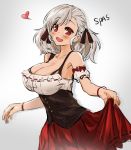  1girl :d bangle bangs bare_shoulders blush bracelet breasts character_name cleavage collarbone corset detached_sleeves dirndl eyebrows_visible_through_hair frills german_clothes girls_frontline grey_background hair_ribbon heart jewelry large_breasts long_hair looking_at_viewer open_mouth red_eyes red_ribbon red_skirt ribbon short_sleeves silver_hair simple_background sketch skirt smile snowru solo spas-12_(girls_frontline) tareme upper_body 