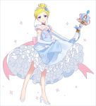  1girl adapted_costume blonde_hair blue_eyes choker cinderella cinderella_(disney) disney earrings elbow_gloves glass_slipper gloves hair_bun hairband hakusai_(tiahszld) high_heels jewelry looking_at_viewer magical_girl ribbon simple_background smile solo sparkle staff white_background 