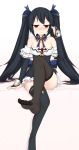  1girl asymmetrical_legwear bare_shoulders black_hair black_legwear blue_ribbon blush breasts cleavage garter_straps grin hair_ribbon highres jewelry long_hair neptune_(series) noire one_leg_raised red_eyes ribbon smile solo thigh-highs toes twintails 