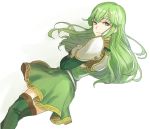  1girl armor boots elbow_gloves fire_emblem fire_emblem:_mystery_of_the_emblem fire_emblem_echoes:_mou_hitori_no_eiyuuou gloves green_eyes green_hair hashiko_(neleven) headband long_hair looking_at_viewer paola pegasus_knight skirt smile solo thigh-highs 