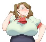  1girl belly blush breasts brown_eyes brown_hair curvy gundam gundam_build_fighters gundam_build_fighters_try hair_ornament hand_on_hip high-waist_skirt holding holding_hair huge_breasts looking_to_the_side magure_senshi midriff plump sazaki_kaoruko skirt solo twintails uniform 