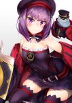  1girl absurdres bare_shoulders belt black_legwear book colonel_olcott_(fate/grand_order) detached_collar detached_sleeves fate/grand_order fate_(series) flat_chest hat helena_blavatsky_(fate/grand_order) highres holding holding_book looking_at_viewer nanakaku purple_hair short_hair solo strapless tree_of_life violet_eyes 
