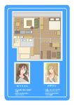  2girls blue_background blueprint brown_eyes brown_hair cellphone character_profile hands_clasped light_brown_eyes light_brown_hair multiple_girls original own_hands_together phone satsuma_age smartphone translated 