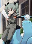  1girl anchovy anzio_military_uniform bangs belt black_belt black_neckwear black_ribbon black_shirt blurry blurry_background boots building closed_mouth commentary_request day depth_of_field dress_shirt drill_hair eyebrows_visible_through_hair frown girls_und_panzer green_hair grey_jacket grey_pants ground_vehicle hair_ribbon holding jacket kakizaki_(chou_neji) knee_boots leaning_back long_hair long_sleeves map military military_uniform motor_vehicle necktie outdoors pants red_eyes ribbon scooter shirt solo standing twin_drills twintails uniform vespa 