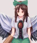  1girl black_hair black_wings bow brown_eyes cape closed_mouth control_rod frilled_shirt_collar frills green_bow green_skirt long_hair looking_to_the_side reflection reiuji_utsuho roke_(taikodon) shirt short_sleeves simple_background skirt solo third_eye touhou white_shirt wings 