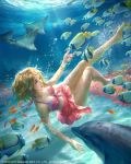  1girl bikini bikini_skirt breasts brown_eyes bubble coral dolphin fish front-tie_top full_body highres jeremy_chong light_brown_hair lips medium_breasts nose parted_lips pink_bikini school_of_fish short_hair solo stingray submerged swimming swimsuit underwater water 