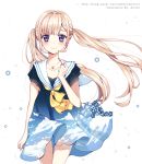  1girl amick_(americanomix) artist_name blonde_hair blue_sky blush clouds dress hair_ornament hairclip heart heart_necklace jewelry koi_to_uso long_hair looking_at_viewer necklace sad sanada_ririna short_dress short_sleeves sidelocks sky sky_print solo twintails very_long_hair violet_eyes watermark web_address white_sailor_collar wind 