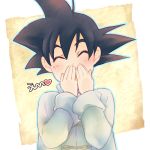  1boy black_eyes black_hair blush blush_stickers chinese_clothes closed_eyes dragon_ball dragonball_z hand_to_own_mouth happy heart long_sleeves male_focus rochiko_(bgl6751010) shirt short_hair simple_background son_goten spiky_hair translation_request white_background white_shirt 