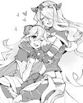  2girls armor blush breasts camilla_(fire_emblem_if) cape cleavage closed_eyes female_my_unit_(fire_emblem_if) fire_emblem fire_emblem_if gebyy-terar gloves hair_over_one_eye hairband hug large_breasts lips long_hair monochrome multiple_girls my_unit_(fire_emblem_if) one_eye_closed open_mouth pointy_ears smile tiara very_long_hair wavy_hair white_background 