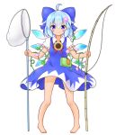  &gt;:) 1girl absurdres ahoge barefoot blue_bow blue_dress blue_eyes blue_hair blush bow butterfly_net cirno dress fishing_rod flower frilled_sleeves frills full_body hair_between_eyes hair_bow hair_flower hair_ornament hand_net hidden_star_in_four_seasons highres ice_wing looking_at_viewer mofu_mofu morning_glory neck_ribbon puffy_short_sleeves puffy_sleeves red_ribbon ribbon short_hair short_sleeves solo sparkling_eyes sunflower tanned_cirno touhou white_background 