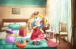  1girl artist_request bag bed bedroom blonde_hair bow chair frills green_eyes hair_bow hair_ornament idolmaster idolmaster_cinderella_girls idolmaster_cinderella_girls_starlight_stage indoors jpeg_artifacts kneeling looking_at_viewer mary_cochran official_art on_bed paper_bag red_skirt room shoes shopping_bag skirt smile solo stuffed_animal stuffed_toy table teddy_bear twintails 