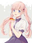 1girl :d alternate_eye_color bangs blue_eyes blunt_bangs character_name food food_on_face fruit hair_ornament hairclip holding holding_food koi_to_uso long_hair open_mouth pink_hair puffy_short_sleeves puffy_sleeves purimo_(xxxmofmof) sanada_ririna short_sleeves simple_background smile solo strawberry twintails very_long_hair 