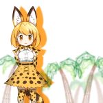  1girl animal_ears arms_behind_back belt blonde_hair blurry blurry_background bow bowtie elbow_gloves extra_ears eyebrows_visible_through_hair gloves high-waist_skirt highres kemono_friends looking_at_viewer palm_tree parody print_gloves print_legwear print_neckwear print_skirt serval_(kemono_friends) serval_ears serval_print serval_tail shirt skirt sleeveless sleeveless_shirt solo tail thigh-highs tree vostok_(vostok061) yellow_eyes yellow_gloves yellow_legwear yellow_neckwear yellow_skirt zettai_ryouiki 