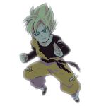  1boy black_shirt blonde_hair blue_eyes clenched_hand dougi dragon_ball dragonball_z fighting_stance frown long_sleeves looking_at_viewer lowres male_focus rochiko_(bgl6751010) serious shirt short_hair simple_background son_goten spiky_hair super_saiyan white_background 