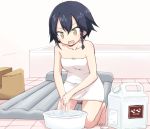  1girl bangs bath bath_stool bathroom bathtub black_hair braid brown_eyes commentary full_body girls_und_panzer indoors inflatable_raft jug kakizaki_(chou_neji) kneeling naked_towel nude open_mouth pepperoni_(girls_und_panzer) short_hair side_braid smile solo stool tile_floor tiles towel washbowl washing washing_hands 