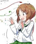  1girl @_@ arms_up bangs birthday black_neckwear blouse blush brown_eyes brown_hair commentary_request confetti dated eyebrows_visible_through_hair from_side girls_und_panzer green_skirt kakizaki_(chou_neji) long_sleeves neckerchief nishizumi_miho ooarai_school_uniform open_mouth party_popper pleated_skirt school_uniform serafuku short_hair skirt solo standing upper_body w_arms white_background white_blouse 