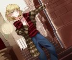  1girl blonde_hair blue_pants casual commentary_request contemporary crepe food green_eyes highres holding holding_food looking_at_viewer mizuhashi_parsee off_shoulder pants plaid_jacket pointy_ears red_shirt shirt solo striped striped_shirt touhou winu_(hertrion) 