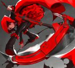  1girl bent_over black_eyes black_hair black_legwear boots cape dress frilled_dress frilled_skirt frilled_sleeves frills fukuda_(okometani) full_body highres long_sleeves looking_at_viewer looking_back pantyhose red_cape red_hood ruby_rose rwby scythe short_hair skirt solo 