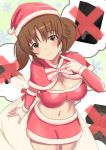  blush breasts brown_eyes brown_hair capelet cleavage commentary_request crossed_out fur_trim game_console hair_ornament hair_scrunchie hat highres idolmaster idolmaster_cinderella_girls large_breasts navel noizou_(zatuo008) sack santa_costume santa_hat scrunchie skirt smile snowflakes totoki_airi twintails 