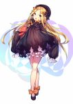  1girl absurdres black_bow black_dress black_ribbon blonde_hair blue_eyes bow character_request commentary_request dress dress_bow dress_shoes eyebrows_visible_through_hair fate/grand_order fate_(series) frilled_dress frilled_legwear frilled_sleeves frills full_body gothic_lolita hair_bow hands_in_sleeves hat highres holding holding_toy lolita_fashion long_hair long_sleeves looking_at_viewer open_mouth orange_bow ribbon shennai_misha shoe_bow shoes solo stuffed_animal stuffed_toy teddy_bear too_many_bows 