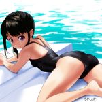  1girl ass black_hair commentary commentary_request looking_at_viewer original pool rohitsuka school_swimsuit solo swimsuit 