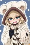  1girl animal_hood bangs black_sweater blush commentary embarrassed eyebrows_visible_through_hair fang girls_und_panzer highres hood katyusha long_sleeves looking_at_viewer offering_hand poty_(misaman339) reaching_out short_hair snow solo standing sweater upper_body wavy_mouth white_coat 