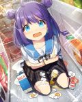  1girl ahoge blue_eyes crying double_bun egg ensemble_girls! food kirishima_kairi looking_at_viewer messy milk purple_hair school_uniform tears 