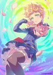  1girl absurdres artist_name blonde_hair blue_jacket blue_skirt blush braid breasts curly_hair feet_out_of_frame finger_to_mouth flower flower_request frilled_skirt frills genderswap genderswap_(mtf) giorno_giovanna green_eyes grey_legwear highres holding holding_flower jacket jojo_no_kimyou_na_bouken kotatsu_(g-rough) light_smile long_sleeves looking_at_viewer multicolored multicolored_background parted_lips petals pink_flower single_braid skirt small_breasts solo thigh-highs turtleneck vento_aureo 