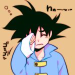  1boy black_hair blue_shirt closed_eyes dragon_ball dragonball_z hand_on_own_face lowres male_focus rochiko_(bgl6751010) shirt short_hair simple_background sleepy son_goten spiky_hair translation_request 