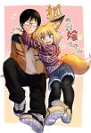  1boy 1girl absurdres animal_ears arms_around_neck black_hair black_legwear black_pants blue_eyes borrowed_character brown_footwear brown_jacket denim denim_shorts doitsuken flying_sweatdrops fox_ears fox_tail glasses heart highres jacket knee_up long_sleeves looking_at_viewer opaque_glasses original pants pantyhose pigeon-toed pink_background purple_sweater shirt shoes shorts simple_background sitting solo tail translation_request v-shaped_eyebrows white_shirt 