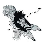  2boys black_hair blood blood_on_face carrying closed_eyes dirty dirty_clothes dragon_ball dragonball_z eyebrows_visible_through_hair injury long_sleeves looking_away lowres male_focus monochrome multiple_boys open_mouth rochiko_(bgl6751010) serious short_hair simple_background son_goten spiky_hair trunks_(dragon_ball) white_background 