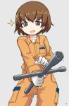  1girl bangs beige_background brown_eyes brown_hair commentary_request cowboy_shot eyebrows_visible_through_hair foreshortening freckles girls_und_panzer gloves holding jumpsuit kakizaki_(chou_neji) long_sleeves looking_at_viewer lug_wrench mechanic open_mouth orange_jumpsuit shirt short_hair simple_background smile solo sparkle standing tsuchiya_(girls_und_panzer) white_gloves white_shirt 