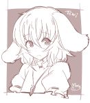  1girl animal_ears bangs blazer character_name commentary_request dress highres inaba_tewi jacket looking_at_viewer mana_(tsurubeji) monochrome necktie rabbit_ears short_hair signature simple_background sketch solo touhou white_background 