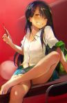  1girl black_hair blue_skirt blush borrowed_character breasts chair cleavage dark_skin desk fang feet green_backpack grin hair_ornament hairpin ijiranaide_nagatoro-san leg_up light long_hair looking_at_viewer nagatoro on_desk pencil red_background shirt sitting sitting_on_desk skirt smile solo souji_hougu unbuttoned unbuttoned_shirt white_shirt yellow_eyes 