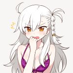  /\/\/\ 1girl ahoge bare_arms bare_shoulders blush bra braid breasts chan_co cleavage embarrassed eyebrows_visible_through_hair fate/grand_order fate_(series) grey_background hair_between_eyes large_breasts long_hair looking_at_viewer olga_marie_animusphere open_mouth purple_bra side_braid simple_background solo sweatdrop underwear underwear_only upper_body white_hair yellow_eyes 