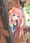  1girl :d animal_ears bangs blue_eyes blue_jacket blush bottle bow bowtie commentary_request day eyebrows_visible_through_hair flower_pot hair_between_eyes hair_bow highres jacket kushida_you long_sleeves looking_at_viewer open_door open_mouth original outdoors peeking_out pink_flower pink_hair plant rabbit_ears ribbon smile solo vines white_flower wide_sleeves yellow_bow yellow_neckwear yellow_ribbon 