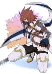  1boy alternate_costume black_gloves black_pants boots buckle fingerless_gloves gloves kratos_aurion looking_away male_focus mask pants red_eyes solo spiky_hair squatting sword tales_of_(series) tales_of_symphonia tassel thigh-highs thigh_boots tktg twitter_username weapon white_background white_footwear 