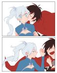  2girls angry blue_eyes blush cheek_kiss closed_eyes fang_out highres hosomitimiti kiss multiple_girls redhead ruby_rose rwby scar scar_across_eye weiss_schnee white_hair yuri 