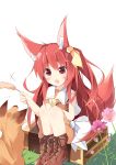  1girl :d animal animal_ears bangs bare_arms blush boots bow brown_footwear brown_shirt commentary_request cross-laced_footwear eyebrows_visible_through_hair fang fox fox_ears fox_girl fox_tail hair_between_eyes hair_ribbon hand_on_own_knee highres kushida_you lace-up_boots looking_away open_mouth original pink_flower red_eyes redhead ribbon sailor_collar shirt sitting sitting_on_object skirt sleeveless sleeveless_shirt smile solo suitcase tail white_background white_bow white_sailor_collar white_skirt yellow_ribbon 