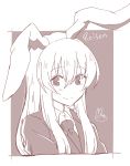  1girl animal_ears bangs blazer character_name commentary_request highres jacket long_hair looking_at_viewer mana_(tsurubeji) monochrome necktie rabbit_ears reisen_udongein_inaba shirt signature simple_background sketch smile solo touhou white_background 