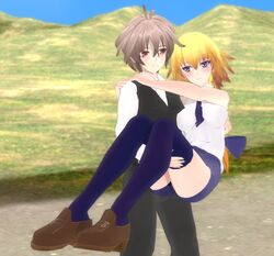  1boy 1girl 3d ahoge bangs black_pants blonde_hair blush braid breasts brown_footwear brown_hair carrying couple eyebrows_visible_through_hair fate/apocrypha fate_(series) hair_ornament hair_ribbon hetero hug jeanne_d&#039;arc_(fate) jeanne_d&#039;arc_(fate)_(all) large_breasts long_braid long_hair long_sleeves looking_at_another necktie pants princess_carry purple_legwear purple_neckwear purple_ribbon purple_shorts red_eyes ribbon shelylyousei shirt shoes short_hair short_shorts shorts sieg_(fate/apocrypha) single_braid sleeveless sleeveless_shirt thigh-highs very_long_hair violet_eyes waistcoat white_shirt 