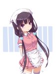  1girl :o apron arms_behind_back bangs blend_s blunt_bangs blush breasts buttons cowboy_shot eyebrows_visible_through_hair frilled_apron frills hair_bobbles hair_ornament head_scarf long_hair looking_at_viewer low_twintails medium_breasts open_mouth pink_shirt pink_skirt pleated_skirt purple_hair sakuranomiya_maika shirt short_sleeves signature skirt solo sony_kisaragi standing thigh-highs tsurime twintails two-tone_background very_long_hair violet_eyes white_apron white_legwear zettai_ryouiki 