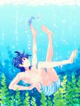  1boy algae bare_arms bare_chest bare_legs black_eyes black_hair boxers bubble dragon_ball dragonball_z fish happy looking_up male_focus outstretched_hand rochiko_(bgl6751010) short_hair smile son_goten underwater underwear 