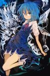  1girl absurdres blue_dress blue_eyes blue_hair bow cirno cowboy_shot dress glowing glowing_eye hair_bow hand_on_hip highres ice ice_wings kaamin_(mariarose753) looking_at_viewer one_leg_raised serious short_hair short_sleeves solo touhou wings 
