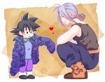  2boys :o bare_arms belt black_eyes black_hair black_shirt boots brown_background chinese_clothes closed_eyes crossed_arms dragon_ball dragonball_z expressionless happy heart jacket kneeling looking_down male_focus multiple_boys open_mouth pants purple_hair rochiko_(bgl6751010) shirt simple_background sleeveless smile son_goten spiky_hair tied_hair trunks_(dragon_ball) white_background 