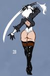  1girl akairiot arm_up ass back black_gloves black_legwear blue_background flower gloves hairband high_heels highres holding holding_sword holding_weapon katana leotard nier_(series) nier_automata simple_background solo sword thigh-highs weapon white_hair yorha_no._2_type_b 