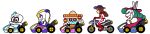  1boy 3girls blonde_hair cappy_(mario) commentary dress fat ghost gloves go_kart green_hair hariet_(mario) hat highres instrument lipstick long_image looking_at_viewer madame_broode makeup maracas super_mario_bros. mario_kart_8 multiple_girls official_style pauline poncho rabbit racing_suit red_gloves scarf simple_background skeleton sombrero super_mario_odyssey top_hat tostarenan white_background white_gloves wide_image 