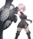  1girl armor armored_dress elbow_gloves fate/grand_order fate_(series) gloves hair_over_one_eye holding_shield looking_at_viewer mash_kyrielight purple_hair shield short_hair simple_background solo supernew violet_eyes 