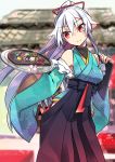  1girl bare_shoulders breasts detached_sleeves fate/grand_order fate_(series) hakama japanese_clothes long_hair red_eyes smile solo tomoe_gozen_(fate/grand_order) tray ulogbe white_hair 